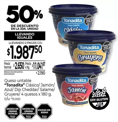 Tonadita - Queso untable Clásico/ Jamón/ Azul/ Dip Cheddar/ Salamé/ Gruyere