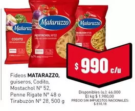 Matarazzo - Fideos guiseros, Codito, Mostachol N° 52, Penne Rigate N° 48 o Tirabuzón N° 28