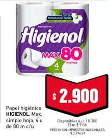 Higienol - Papel higi
uevo , Max, simple hoja, 4 u de 80 m c/u