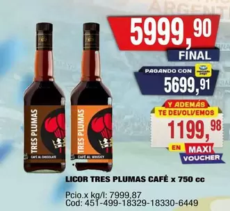 Tres Plumas - LICOR TRES PLUMAS CAFÉ x 750 cc