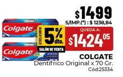Colgate - Dentífrico Original x 70 Gr. Cód:25334