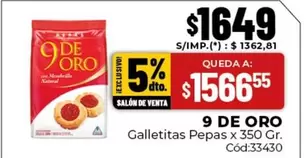 9 de oro - Galletitas Pepas x 350 Gr. Cód:33430