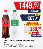 Coca cola - GAS. COCA / SPRITE / FANTA 600 cc