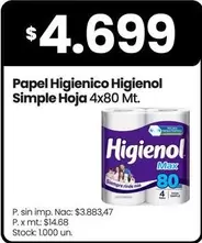 Higienol - Papel Higienico Simple Hoja