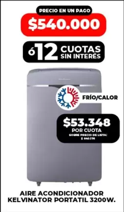 Kelvinator - AIRE ACONDICIONADOR PORTATIL 3200W