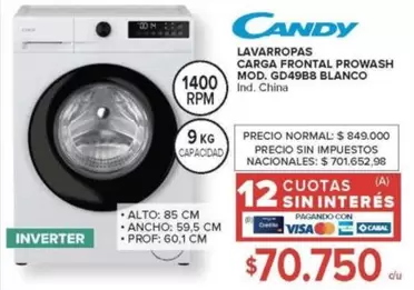 Candy - LAVARROPAS CARGA FRONTAL PROWASH MOD. GD49BB BLANCO
