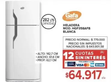 Gafa - HELADERA MOD. HGF358AFB BLANCA