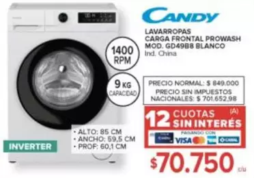 Candy - LAVARROPAS CARGA FRONTAL PROWASH Mod. GD4988 BLANCO