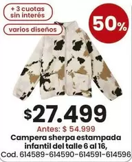 Campera sherpa estampada infantil del talle 6 al 16, Cod. 614589-614590-614591-614596