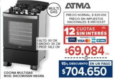 Atma - COCINA MULTIGAS MOD. 94CCM056N NEGRA