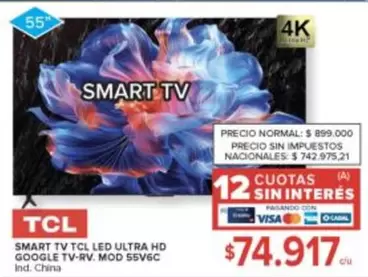 TCL - SMART TV LED ULTRA HD GOOGLE TV-RV. MOD 55V6C