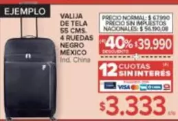 Negro - VALIJA DE TELA 55 CMS. 4 RUEDAS NEGRO MEXICO Ind. China