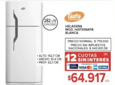 Gafa - Heladera MOD. HGF358AFB BLANCA