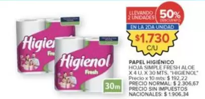 Higienol - PAPEL HIGIÉNICO HOJA SIMPLE FRESH ALOE
