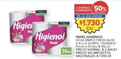 Higienol - PAPEL HIGIÉNICO HOJA SIMPLE FRESH ALOE