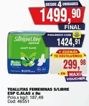 Siempre Libre - TOALLITAS FEMENINAS S/LIBRE ESP C.ALAS x 8u