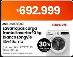 Longvie - Lavarropas carga frontal inverter 10 kg 13w46dmb