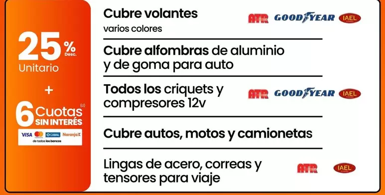 Good - Cubre volantes; Cubre alfombras de aluminio y de goma para auto; Todos los criquets y compresores 12v; Cubre autos, motos y camionetas; Lingas de acero, correas y tensores para viaje