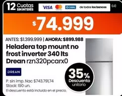 Drean - Heladera top mount no frost inverter 340 lts rzn320pcarx0
