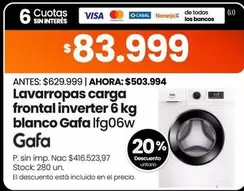 Gafa - Lavarropas carga frontal inverter 6 kg blanco lfg06w
