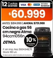 Atma - Cocina a gas 56 cm negra 94ccm056n