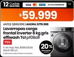 TCL - Lavadoras carga frontal inverter 8 kg gris effiwash Tcl p108afl