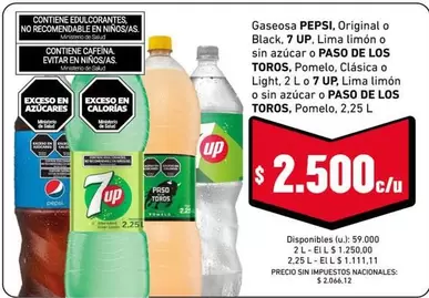 Paso de los Toros - Gaseosa PEPSI, Original o Black, 7 UP, Lima limón o sin azúcar o PASO DE LOS TOROS, Pomelo, Clásica o Light