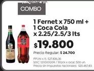 Coca cola - Fernet x 750 ml + Coca Cola x 2.25/2.5/3 lts