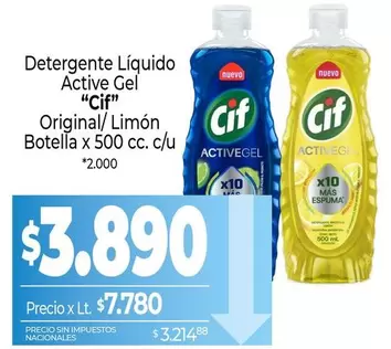 Cif - Detergente Líquido Active Gel Original/Limón Botella x 500 cc. c/u