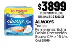 Always - Toallas Femeninas Extra Doble Protección Suave C/A x 16 Un. Cód:59919