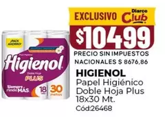 Higienol - Papel Higi00enico Doble Hoja Plus 18x30 Mt. C00d:26468