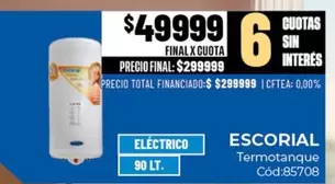 Escorial - Termotanque Eléctrico 90 LT. Cód:85708