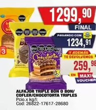 Bon o Bon - ALFAJOR TRIO BON O BON/CHOCOTORTA TRIPLES
Pcio.x kg/l:
Cod: 26822-17617-28680