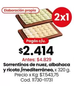 X$ - Sorrentinos de nuez, albahaca y ricota / mediterráneo, x 320 g. Cod. 11730-11731