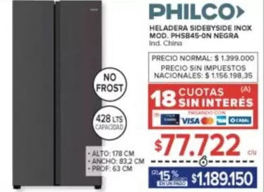 Philco - HELADERA SIDEBYSIDE INOX MOD. PHSB45-0N NEGRA