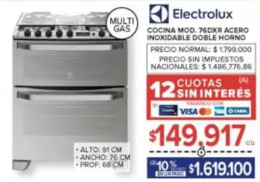 Electrolux - COCINA MOD. 760XR ACERO INOXIDABLE DOBLE HORNO