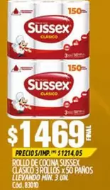 Sussex - ROLO DE COCINA SUSSEX CLÁSICO 3 ROLLOS x 50 PAÑOS