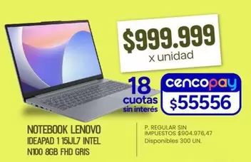 Lenovo - NOTEBOOK IDEAPAD 1 15ULV 7 INTEL N100 8GB FHD GRIS