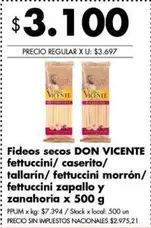 Don Vicente - Fideos secos fettuccini/caserito/tallarín/fettuccini morrón/fettuccini zapallo y zanahoria