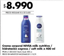 Nivea - Crema corporal milk nutritiva / hidratación express soft milk