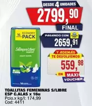 X$ - TOALLITAS FEMENINAS S/LIBRE ESP C.ALAS x 16u
