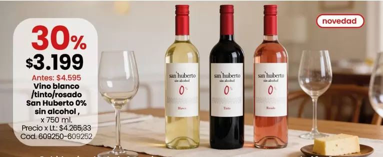 San Huberto - Vino blanco /tinto/rosado  0% sin alcohol, x 750 ml