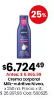 Nivea - Crema corporal Milk-nutritiva, x 250 ml.