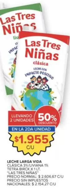 Las Tres Niñas - LECHE LARGA VIDA CLÁSICA 2%/LIVIANA 1% TETRA BIRCK X 1 LT