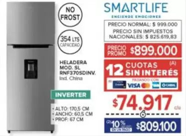Smartlife - Heladera MOD. SL RNF370SDINV