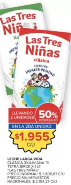 Las Tres Niñas - LECHE LARGA VIDA CLASICA 3% U.V. 1L TETRA BIRCK
