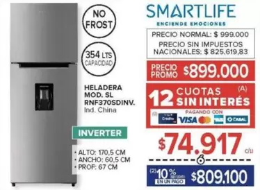 Smartlife - HELADERA MOD. SL RNF370SDINV.