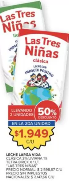 Las Tres Niñas - Leche Larga Vida Clásica 3% U.L.V. 1L Tetra Birck