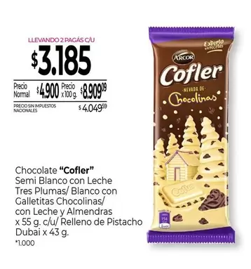Cofler - Chocolate "" Semi Blanco con Leche Tres Plumas/Blanco con Galletitas Chocolinas/con Leche y Almendras