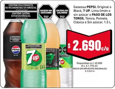 Paso de los Toros - Gaseosa PEPSI, Original o Black, 7 UP, Lima Limón o Sin azúcar o PASO DE LOS TOROS, Tónica, Pomelo, Clásica o Sin azúcar